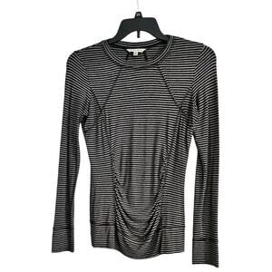 CAbi Womens Running Top Striped Gray Black L/S Ruching Fitted SMALL Athleisure